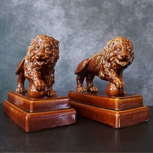 Vintage Large Lion Rockingham Style Treacle Brown Glaze Ceramic Statue Pair